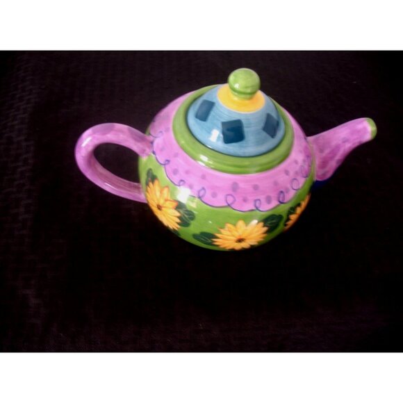 VTG Milson & Louis Hand Painted Ceramic Teapot Floral Design Green/Lavender/Blue - Picture 5 of 6